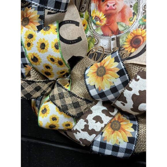 Handmade Burlap Wreath Farmhouse Highland Cow Fall Western Horseshoe 22 Inch - Picture 7 of 10